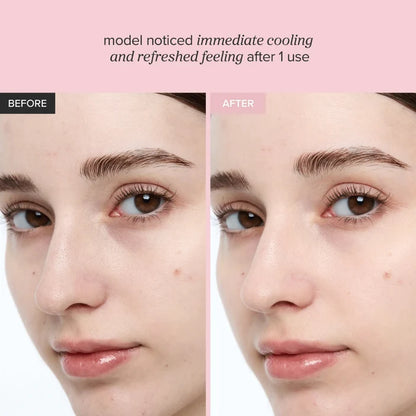 Before and after comparison of a person's face with text indicating immediate cooling and refreshed feeling.
