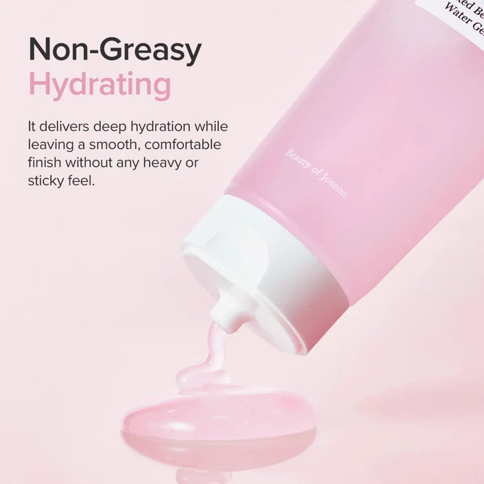 Pink skincare product with text highlighting 'Non-Greasy Hydrating' on a light pink background