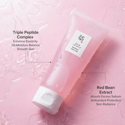 Pink skincare product with text highlighting ingredients on a pink background