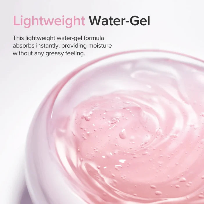 Close-up of a pink water-gel cosmetic product in a clear round container, with text reading 'Lightweight Water-Gel' and a description of the absorbing formula on a white background.