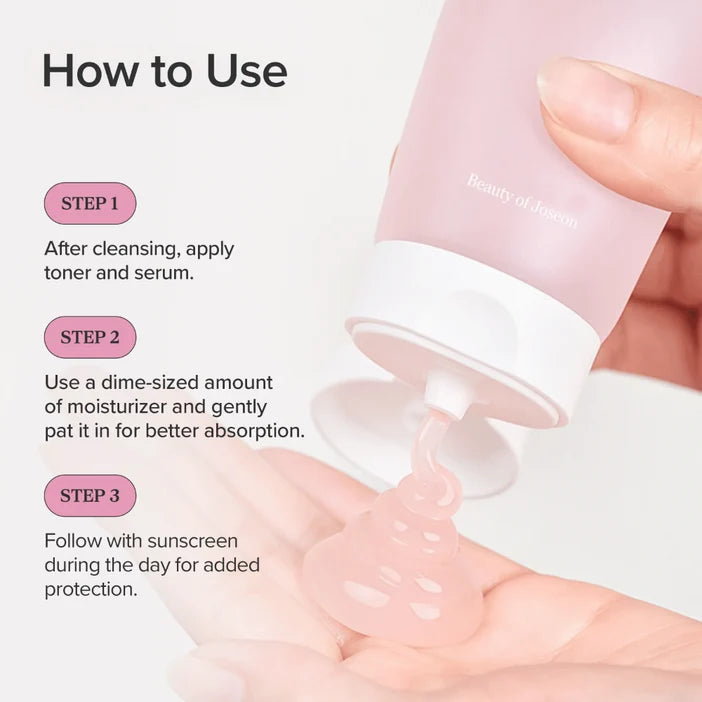 Step-by-step guide on how to use skincare products with text and a close-up of a hand applying cream.