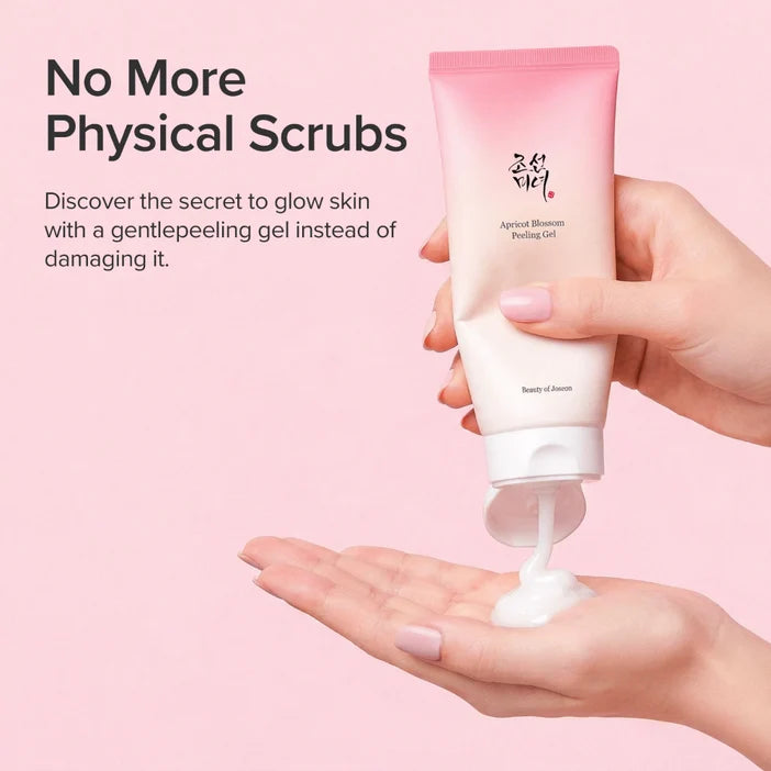 Hand holding a tube of skincare product with a pink background and text about gentle peeling gel.