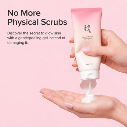 Hand holding a tube of skincare product with a pink background and text about gentle peeling gel.