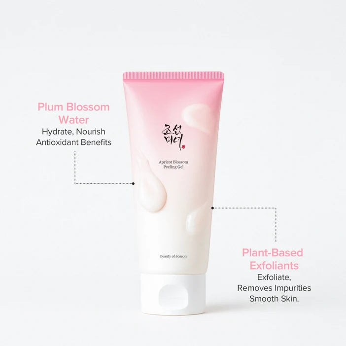 Tube of Apricot Blossom Peeling Gel with text highlighting benefits on a white background