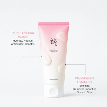 Tube of Apricot Blossom Peeling Gel with text highlighting benefits on a white background