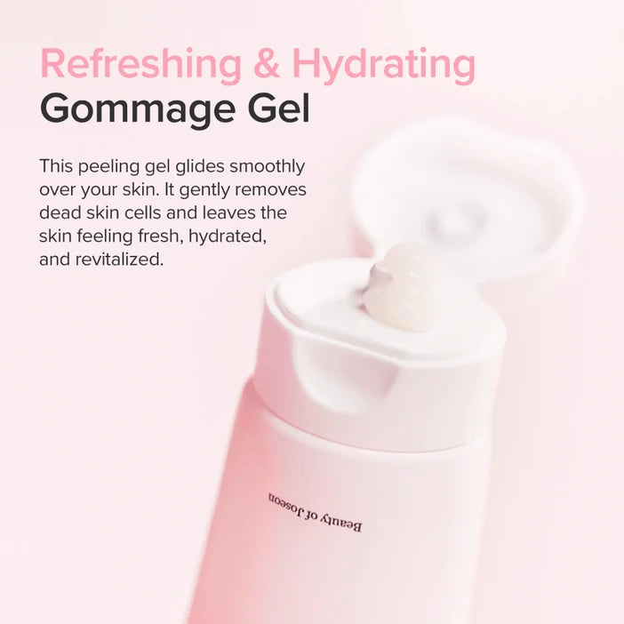 Beauty of Joseon Gommage Gel in a soft pink squeeze bottle with its cap open, set against a matching pale pink background with descriptive text on the left.