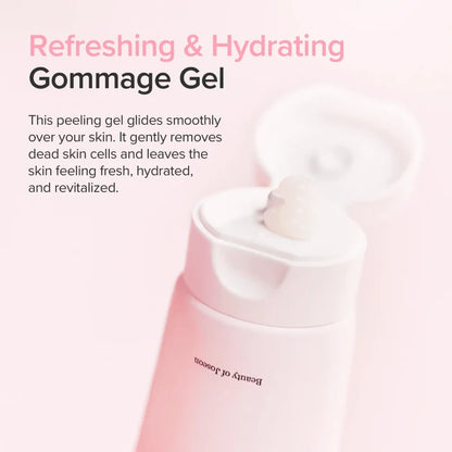 Beauty of Joseon Gommage Gel in a soft pink squeeze bottle with its cap open, set against a matching pale pink background with descriptive text on the left.