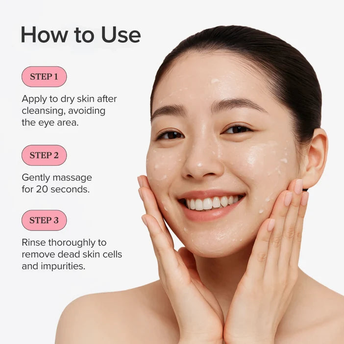Woman applying skincare product with step-by-step instructions on a white background