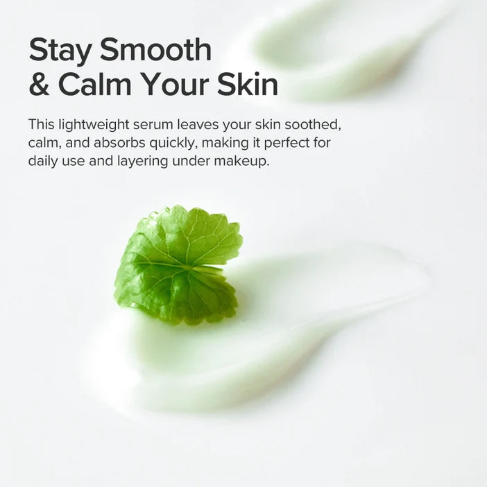 Promotional skincare graphic with the text 'Stay Smooth & Calm Your Skin' above a white smear of serum and a green leaf on a clean white background.