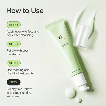 How to use guide for a light green skincare tube, showing three steps and tips on a pale green background with the tube, cap, and cream smear.