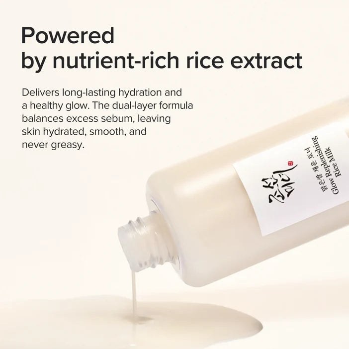 Bottle of rice extract with text about its benefits on a white background