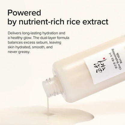 Bottle of rice extract with text about its benefits on a white background