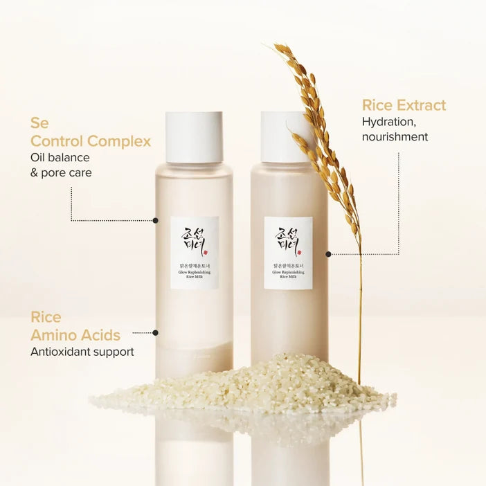 Two skincare bottles with rice extract and amino acids on a light background