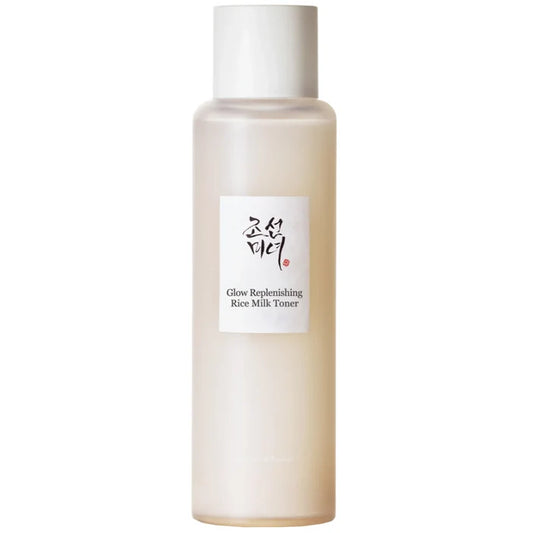 A bottle of Glow Replenishing Rice Milk Toner by Innisfree, featuring a frosted translucent bottle with a white cap and a white label with black text and Korean script.