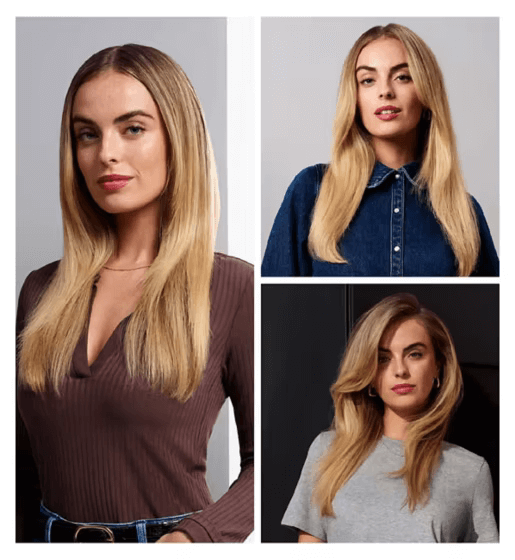 Collage of a woman with long, smooth hair styled in three different looks using BaByliss Hydro-Fusion Hair Dryer Brush.