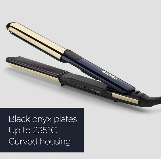 BaByliss Black Onyx Straight & Curl Straightener with gold plates and curved housing, heats up to 235°C.