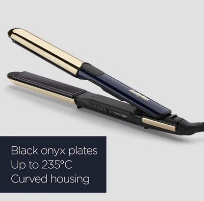 BaByliss Black Onyx Straight & Curl Straightener with gold plates and curved housing, heats up to 235°C.