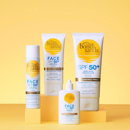 Collection of Bondi Sands sun care products on a yellow background