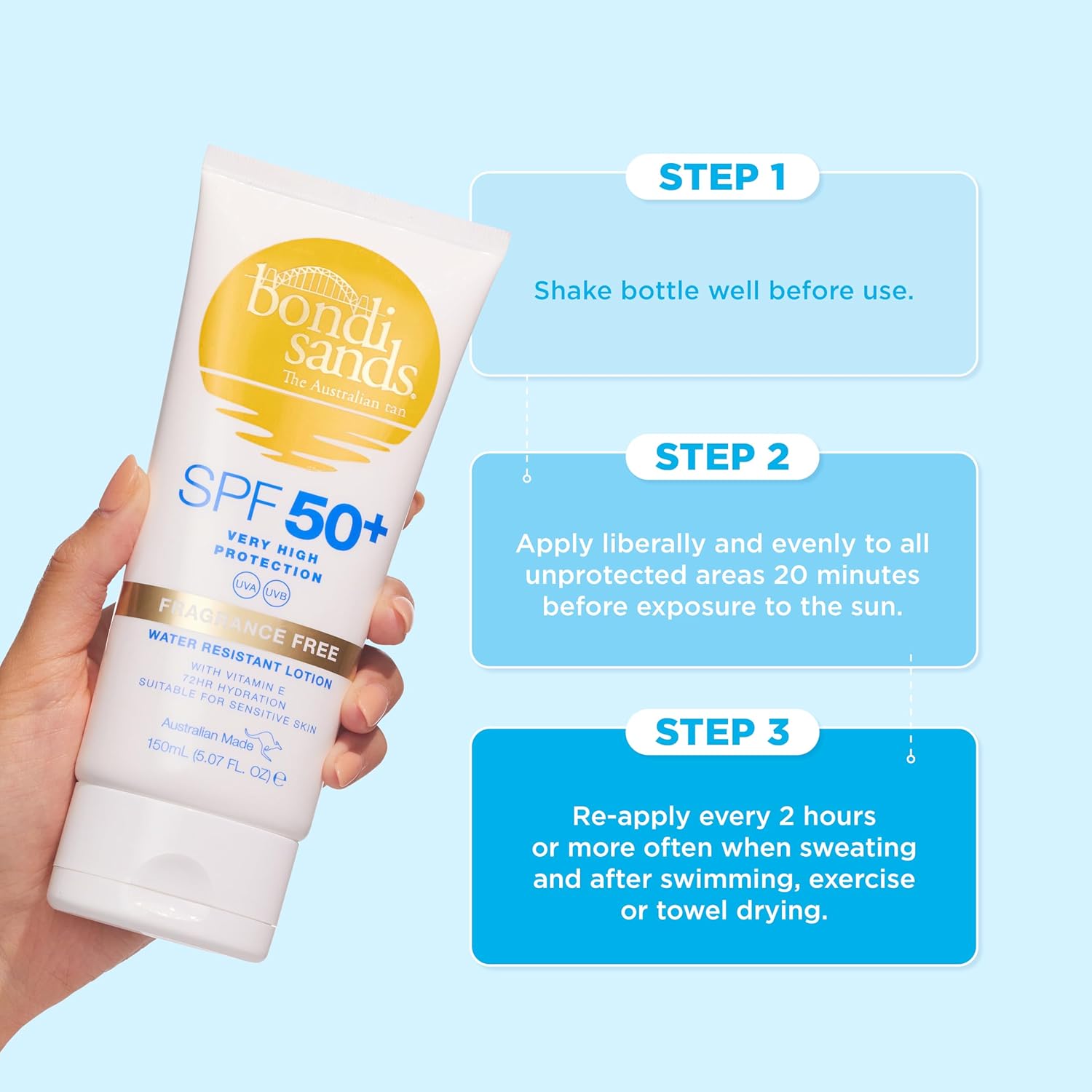 Bondi Sands sunscreen lotion with application instructions on a light blue background