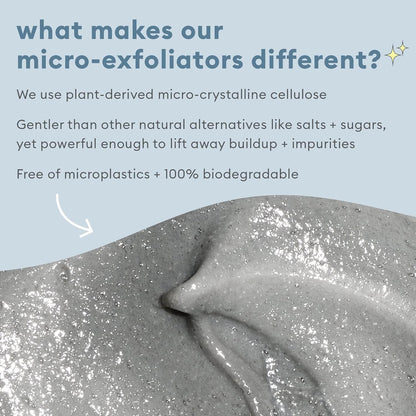 Text explaining the features of micro-exfoliators with a close-up of the product on a light blue background.