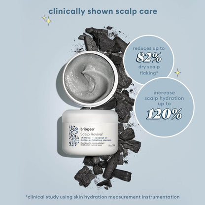 Briogeo Scalp Revival product with charcoal on a light blue background