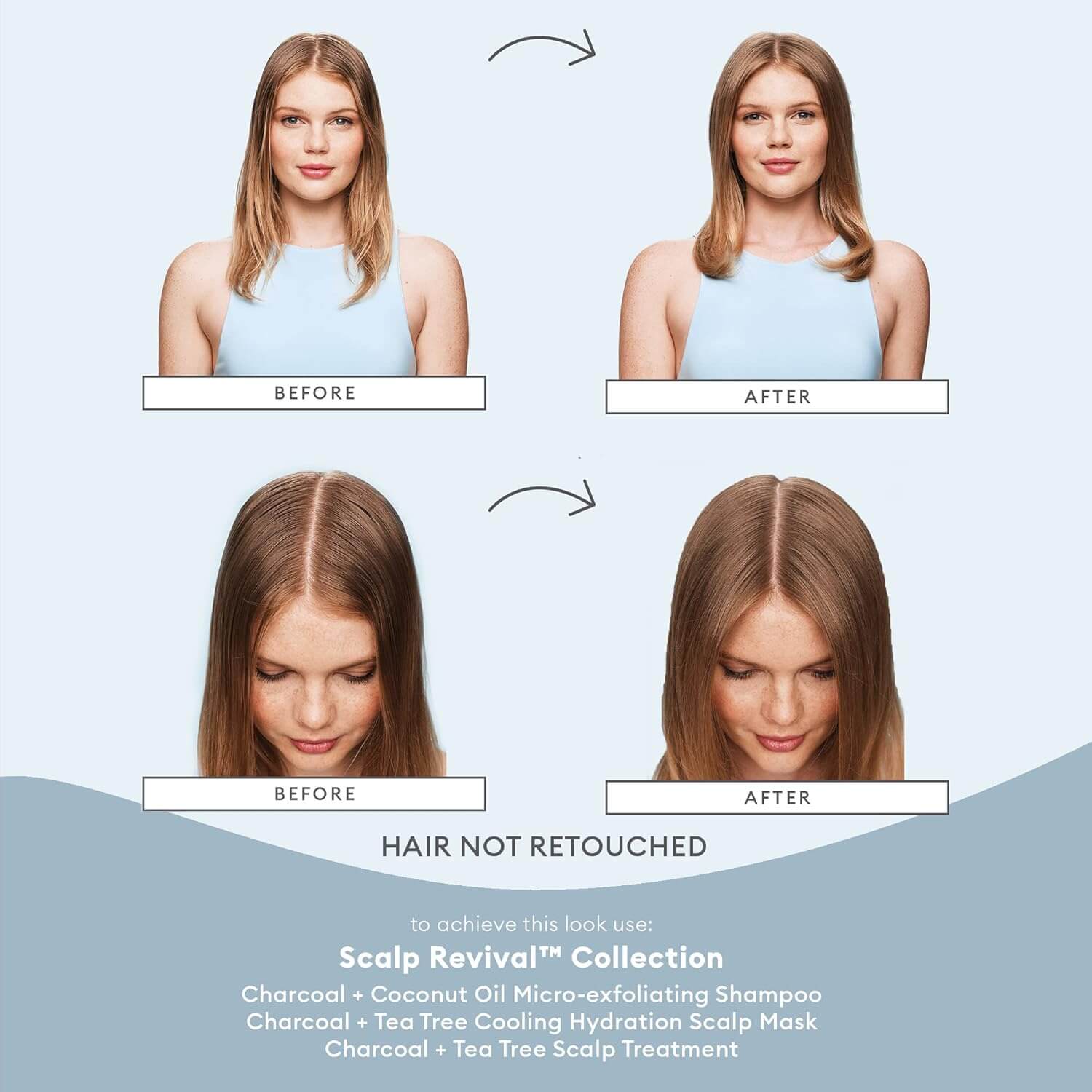 Before and after comparison of hair treatment with a woman's head shown in four stages.