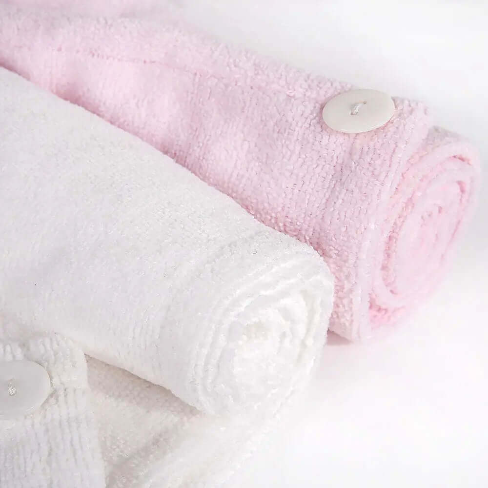 Brushworks Hair Wrap in pink and white, super-absorbent microfiber towels for reducing drying time.