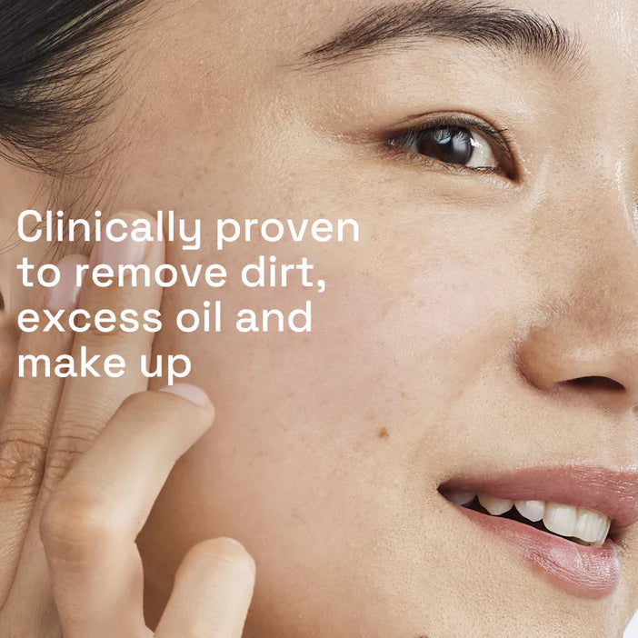 Close-up of a person's face with text claiming product effectiveness on skin.
