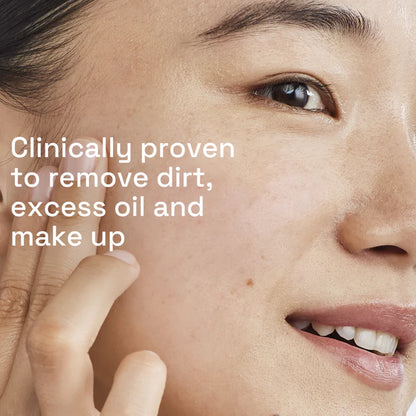 Close-up of a person's face with text claiming product effectiveness on skin.
