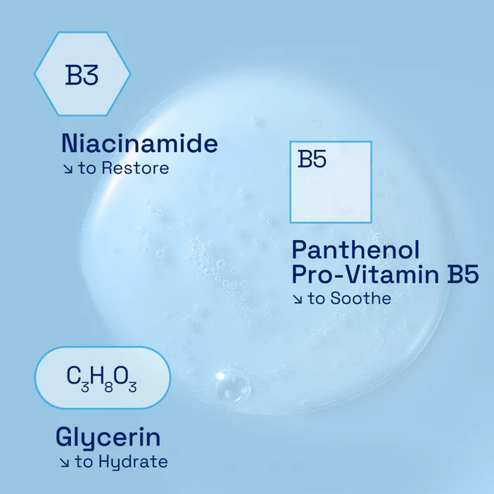 Skincare ingredients with labels on a blue background