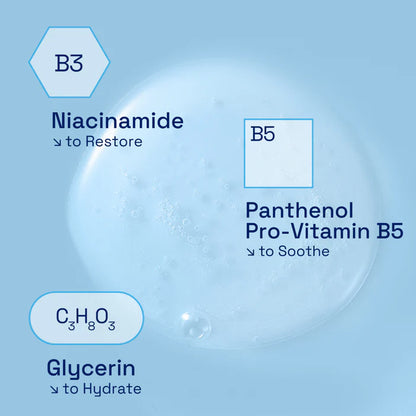 Skincare ingredients with labels on a blue background