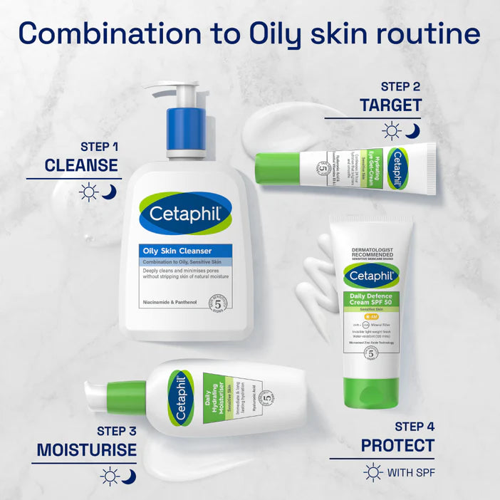 Cetaphil skincare products for oily skin with step-by-step instructions on a white background