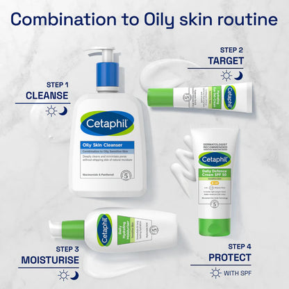 Cetaphil skincare products for oily skin with step-by-step instructions on a white background