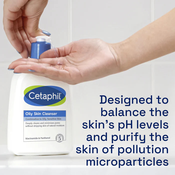 Cetaphil oily skin cleanser being applied to a hand with text about its benefits.