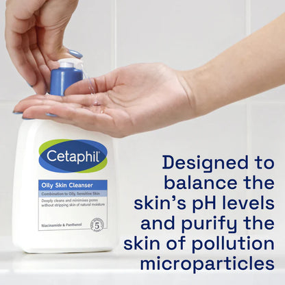Cetaphil oily skin cleanser being applied to a hand with text about its benefits.