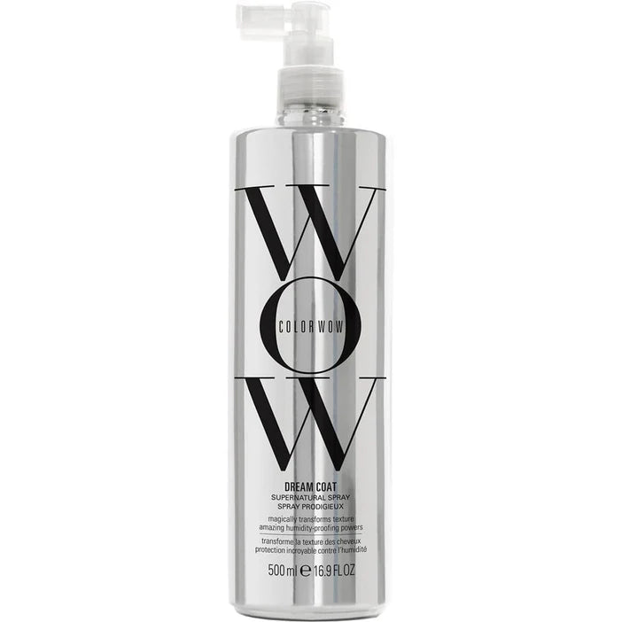 Silver bottle of Color Wow Dream Coat hair product on a white background