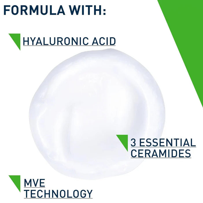 CeraVe Product with hyaluronic acid and ceramides text on a white background