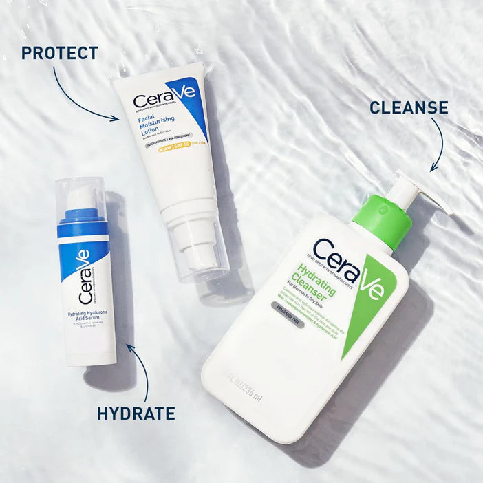 CeraVe skincare products on a textured white background with labels for protect, cleanse, and hydrate.