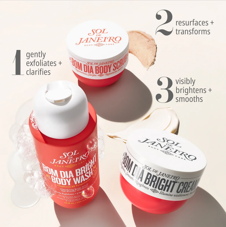 Sol de Janeiro Bom Dia Body Scrub 220g alongside related body care products for radiant skin.