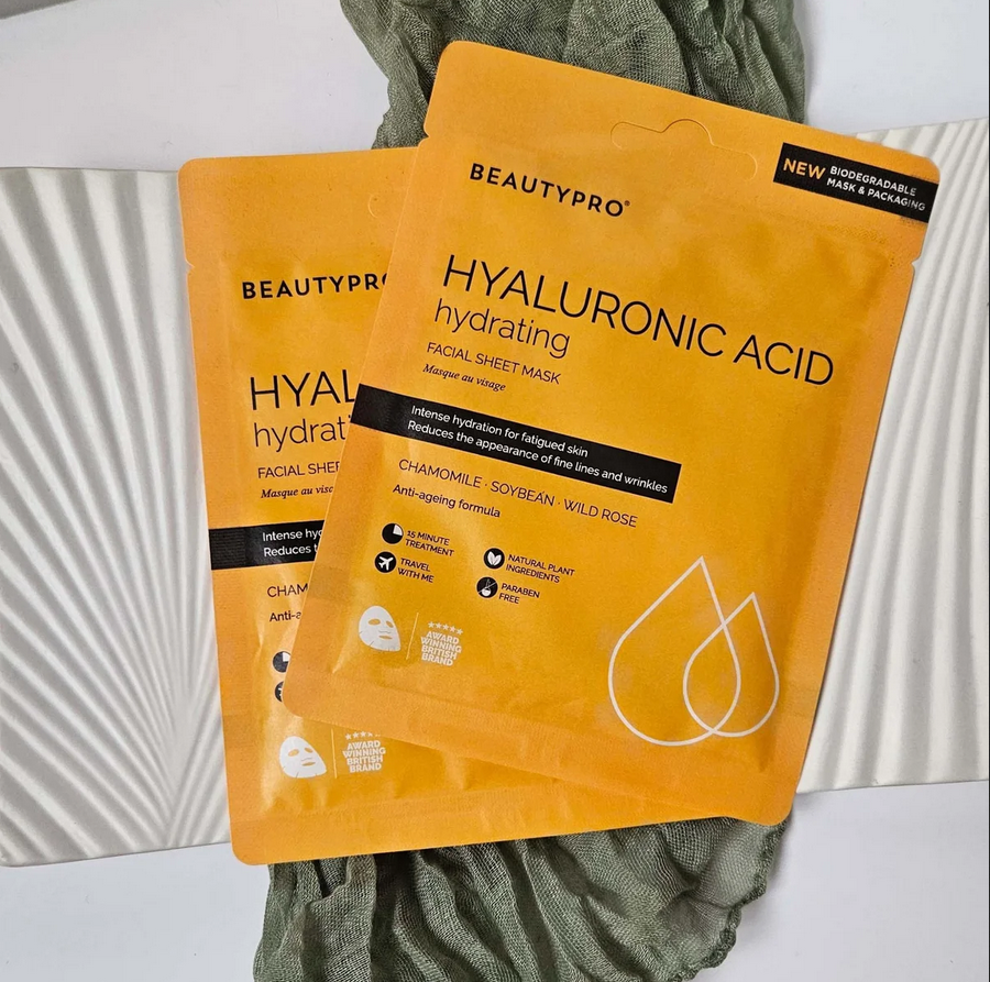 Two BeautyPro Hyaluronic Acid facial sheet masks on a white background