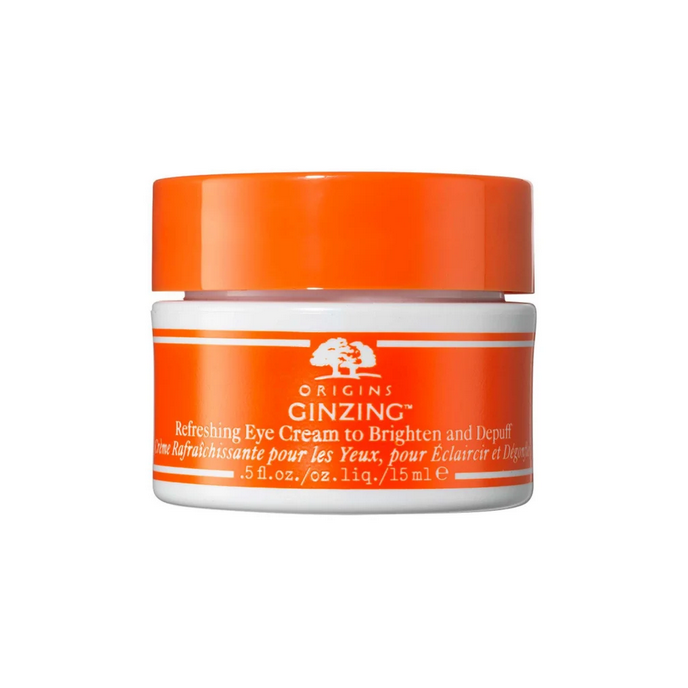 Origins Ginzing Refreshing Eye Cream jar with orange lid on a white background