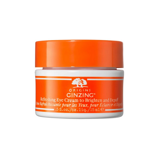 Origins Ginzing Refreshing Eye Cream jar with orange lid on a white background
