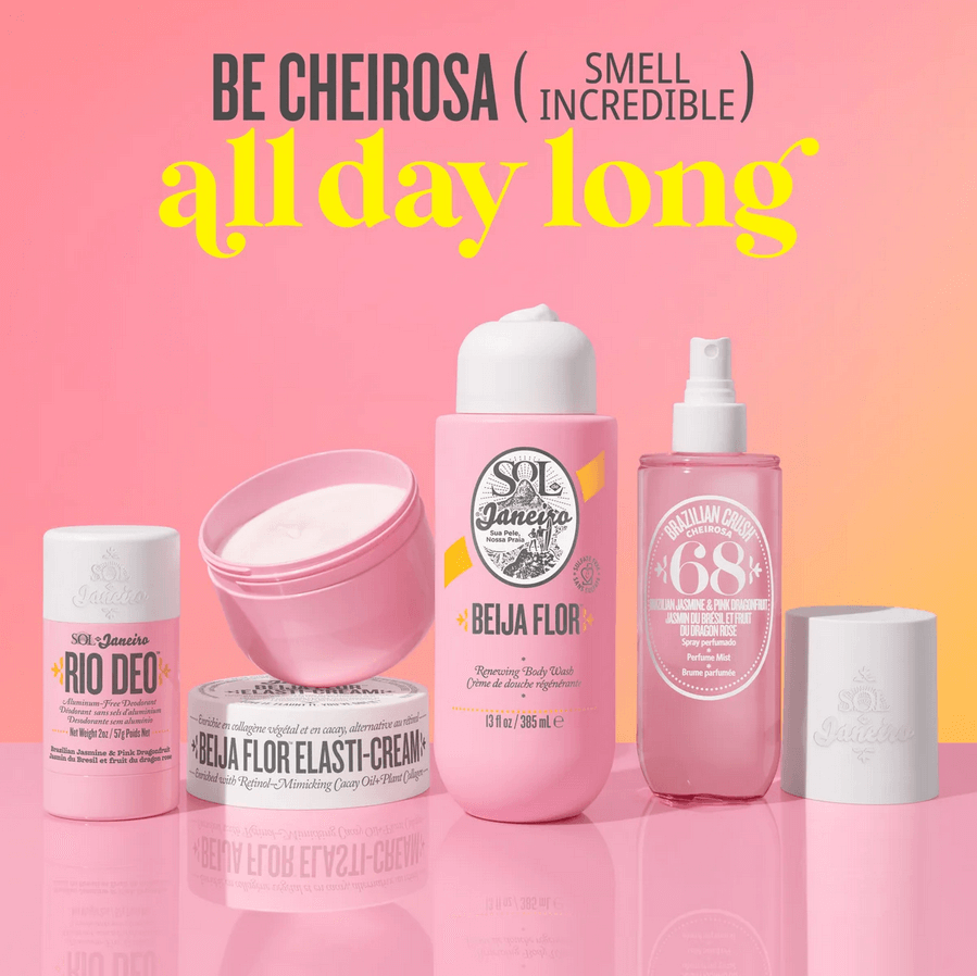 Sol de Janeiro Beija Flor collection featuring deodorant and cream on a vibrant pink background.