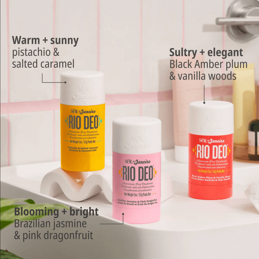 Sol de Janeiro Beija Flor Rio Deodorant in vibrant packaging, showcasing warm and sultry scents, on a bathroom countertop.