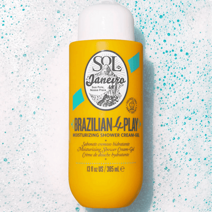 Sol de Janeiro Brazilian 4 Play Moisturizing Shower Cream-Gel bottle on a bubbly background.