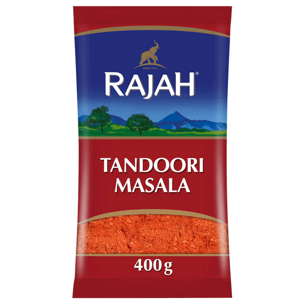 Rajah Tandoori Masala 400g packaging showcasing rich spices for authentic Indian cooking.