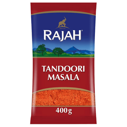 Rajah Tandoori Masala 400g packaging showcasing rich spices for authentic Indian cooking.