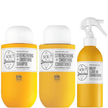 Sol de Janeiro Brazilian Joia Haircare Bundle featuring Strengthening Shampoo, Conditioner, and Milky Leave-In Conditioner.