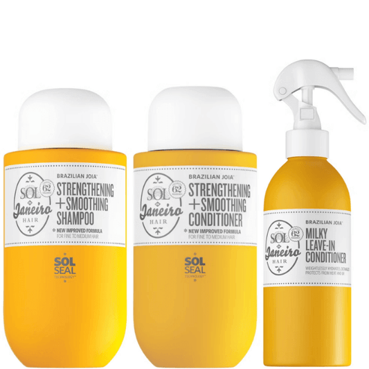 Sol de Janeiro Brazilian Joia Haircare Bundle featuring Strengthening Shampoo, Conditioner, and Milky Leave-In Conditioner.