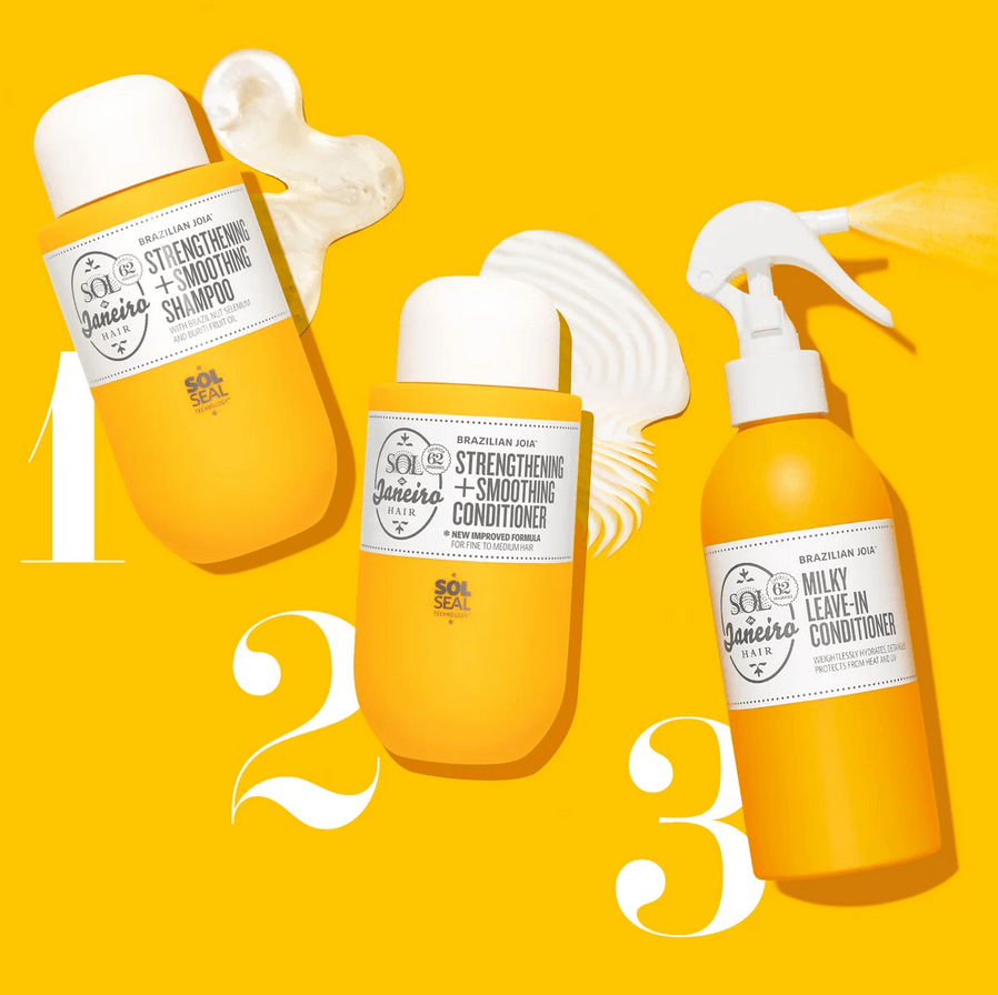 Sol de Janeiro Brazilian Joia Haircare Bundle featuring shampoo, conditioner, and leave-in conditioner products.
